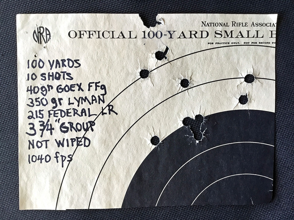 Lighter Springfield Armory equivalent load shot at 100 yards with GOEX FFg at 1,040 fps. This is a 10-shot group without cleaning. The chronograph numbers were better and this group measured 3.75 inches.